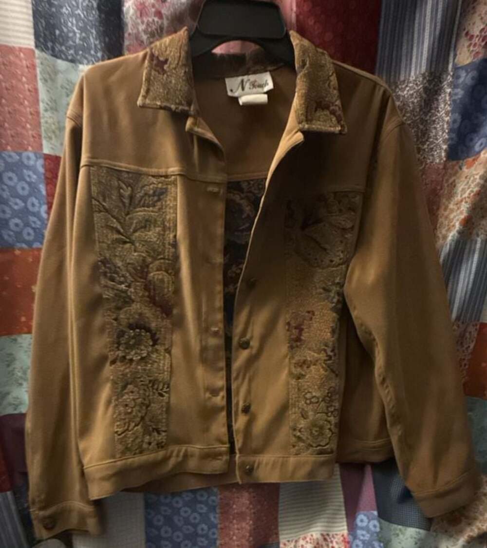 N'Touch Vintage Brown Suede Look Tapestry Floral Accent Jacket Size L
